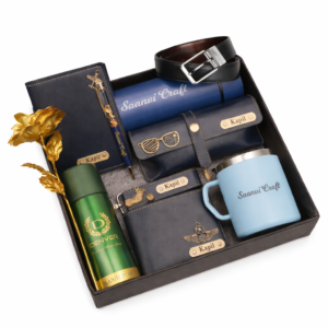 Personalized navy blue gift hamper with leather wallet, notebook, belt, keychain, pen, mug, and deodorant in premium box