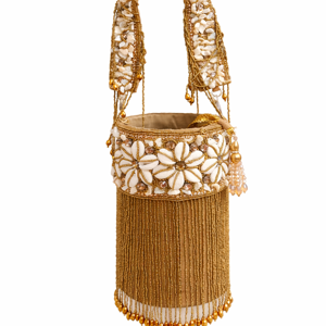 Gold and white floral embroidered potli bag with beadwork, tassels, and long handle on white background