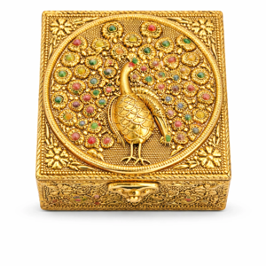Ornate golden jewelry box with peacock design and colorful gemstone detailing on white background.