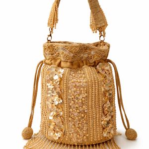 A gold potli-style drawstring bag with intricate embroidery, beadwork, and sequins. It features tassel ties, a textured handle, and decorative fringe along the base, set against a plain background.