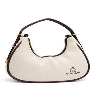 Cream hobo shoulder handbag with brown leather trim and gold hardware for women