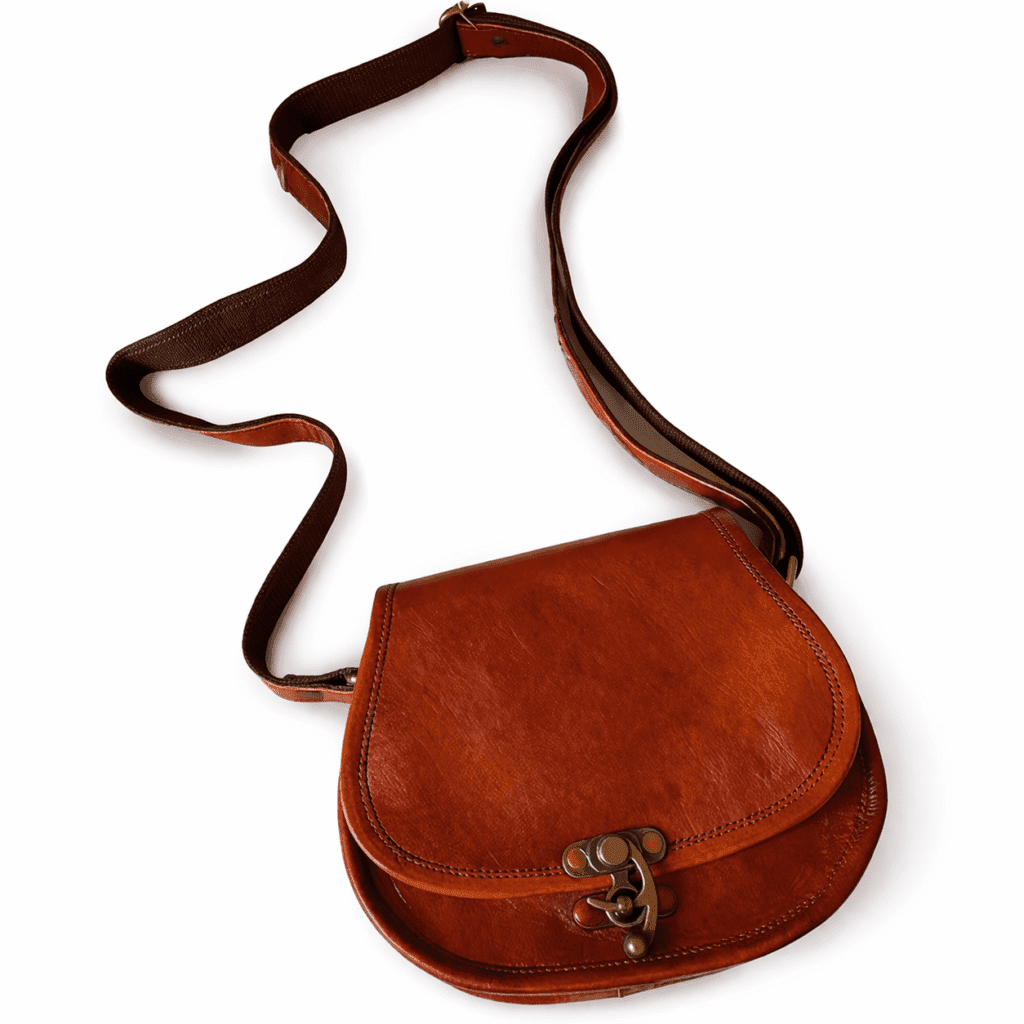 A brown leather crossbody bag with a curved flap and antique-style clasp, featuring a long adjustable strap, displayed on a clean white background.