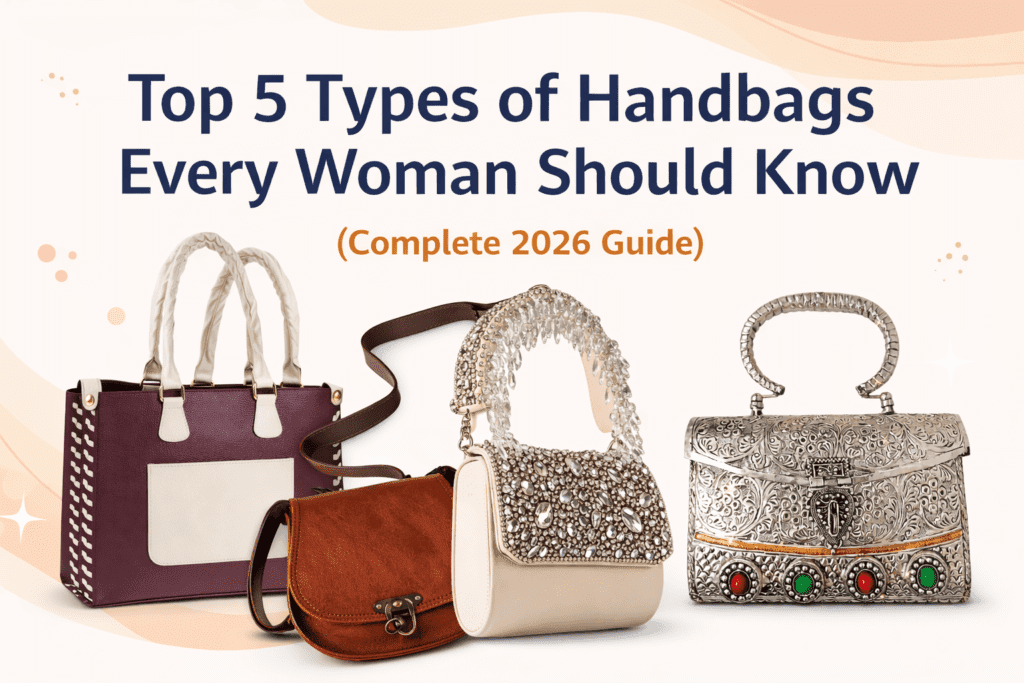 A stylish blog banner featuring the title “Top 5 Types of Handbags Every Woman Should Know (Complete 2026 Guide)” with images of different handbags, including a tote, sling bag, embellished clutch, and antique metal bag, displayed on a soft neutral background.