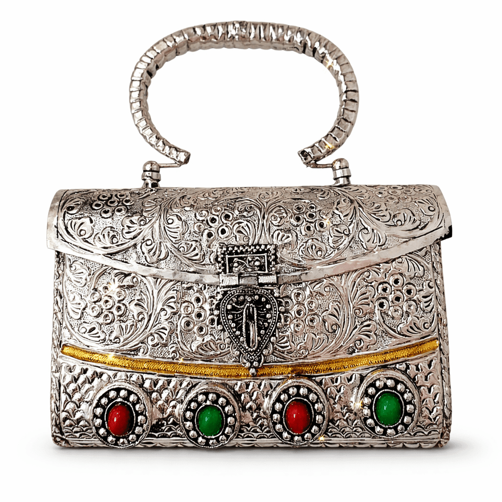 An ornate antique-style silver metal handbag with intricate engraved patterns, featuring a structured shape, a decorative clasp, and a handle, accented with red and green gemstone embellishments.